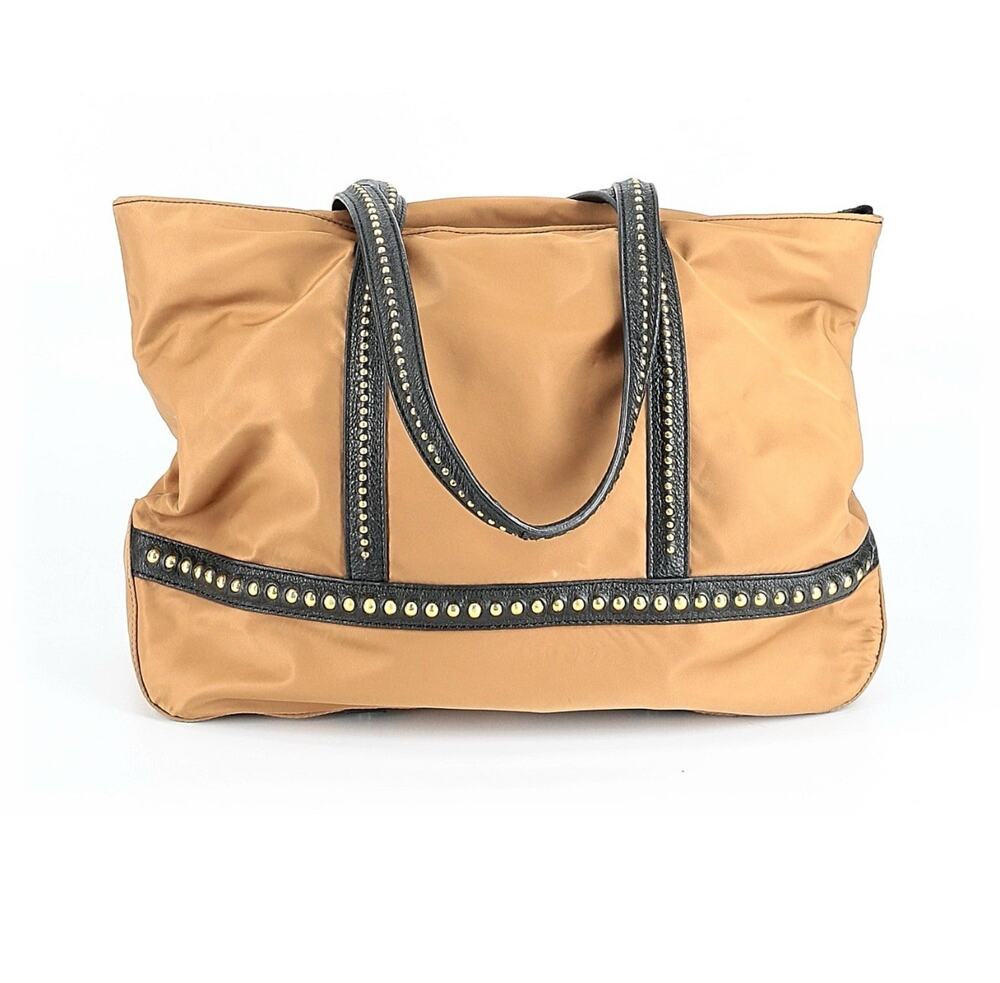 Oryany Nylon Leather Trim Studded Handles Tote Tan Bag Large